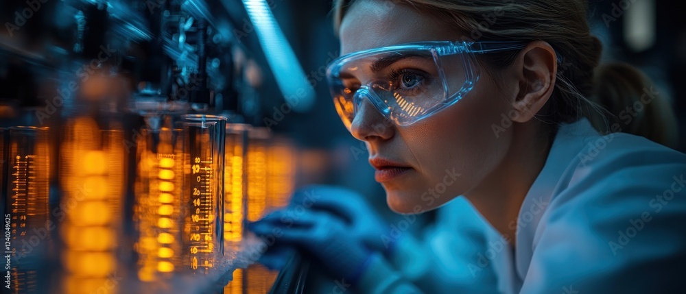 Poster scientist analyzing glowing samples in a laboratory setting