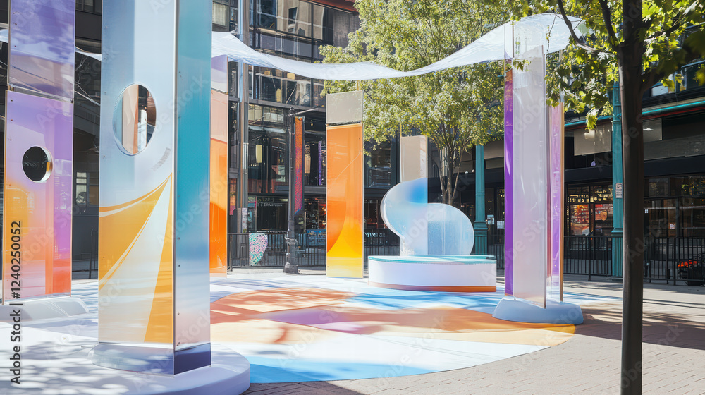 Poster artistic installation in public square featuring colorful panels and unique design, creating engagin