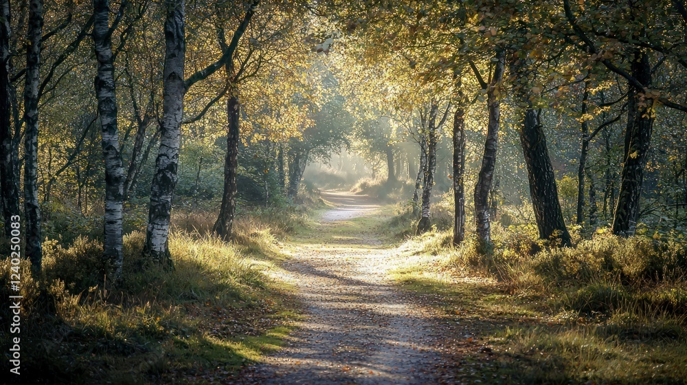 Poster a winding nature path through a forest, with sunlight streaming through the trees and soft shadows o