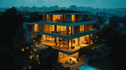 Elegant Large House Surrounded by Lush Greenery Featuring a Sparkling Pool in the Center of the Yard Creating a Relaxing and Inviting Outdoor Space for Family Gatherings and Leisure Activities