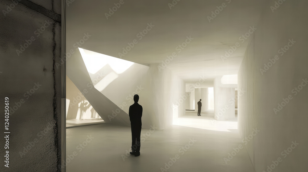 Poster contemporary art gallery featuring open exhibition spaces with minimalist design and soft lighting. 