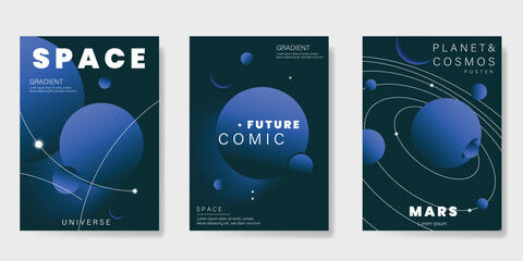 Planet and galaxy Space card vector set. Solar system with galaxy planets, asteroids, jupiter, saturn, mars, moon, ring line solar. Cosmic design for flyer, brochure, background, poster, cover. © babeer