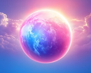 Vibrant Pink and Blue Planet Earth in Dreamlike Cloudscape