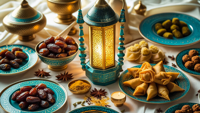 Ramadan Iftar Table. Muslim Family Having Dinner At Home. Iftar Table with Traditional Food. Fasting ends with Dates. Ramadan Feast Celebrations, Eid
