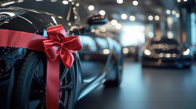 Shiny new black car with red ribbon in a dealership showroom, celebrating a new purchase or special offer