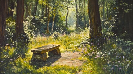 Serene forest pathway, sunlit trail through lush greenery and tall trees, inviting natural retreat ideal for relaxation.