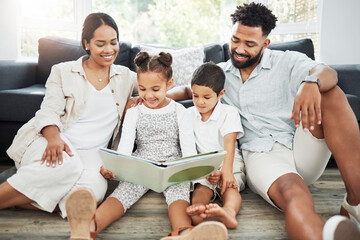 Family, kids and reading book in home, love and support with english education on floor of lounge....