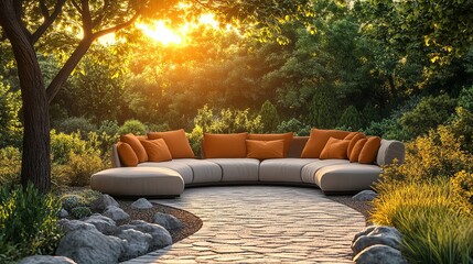 Naklejka premium Cozy Couch Resting on a Charming Stone Patio Surrounded by Lush Green Trees Creating a Relaxing Outdoor Retreat Perfect for Enjoying Nature and Quiet Moments in a Serene Environment