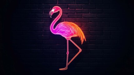 A minimalist neon art of a bright flamingo standing on one leg, glowing pink and orange against a matte black brick wall, creating a tropical vibe.