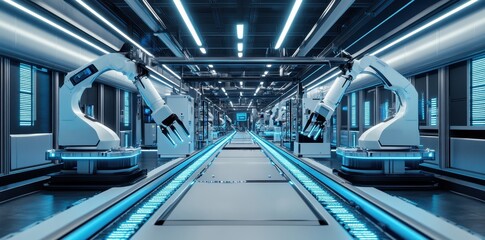 Obraz premium Futuristic manufacturing facility showcasing advanced technology and automation for efficient production processes.