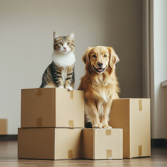 Naklejka na ściany i meble Furry friends nestling atop moving boxes, sharing warm companionship during home relocation process