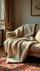 A plush, cream-colored throw blanket draped artfully over a beige sofa in a sunlit room, adding warmth and texture to the home decor