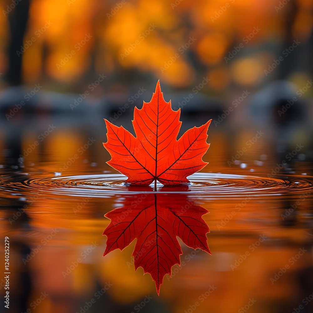 Poster bright red maple leaf floats on a still water surface reflecting sharply in the background bokeh of 