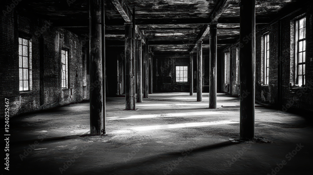 Poster dark, abandoned factory interior with rusted beams and empty spaces, evoking sense of eeriness and d
