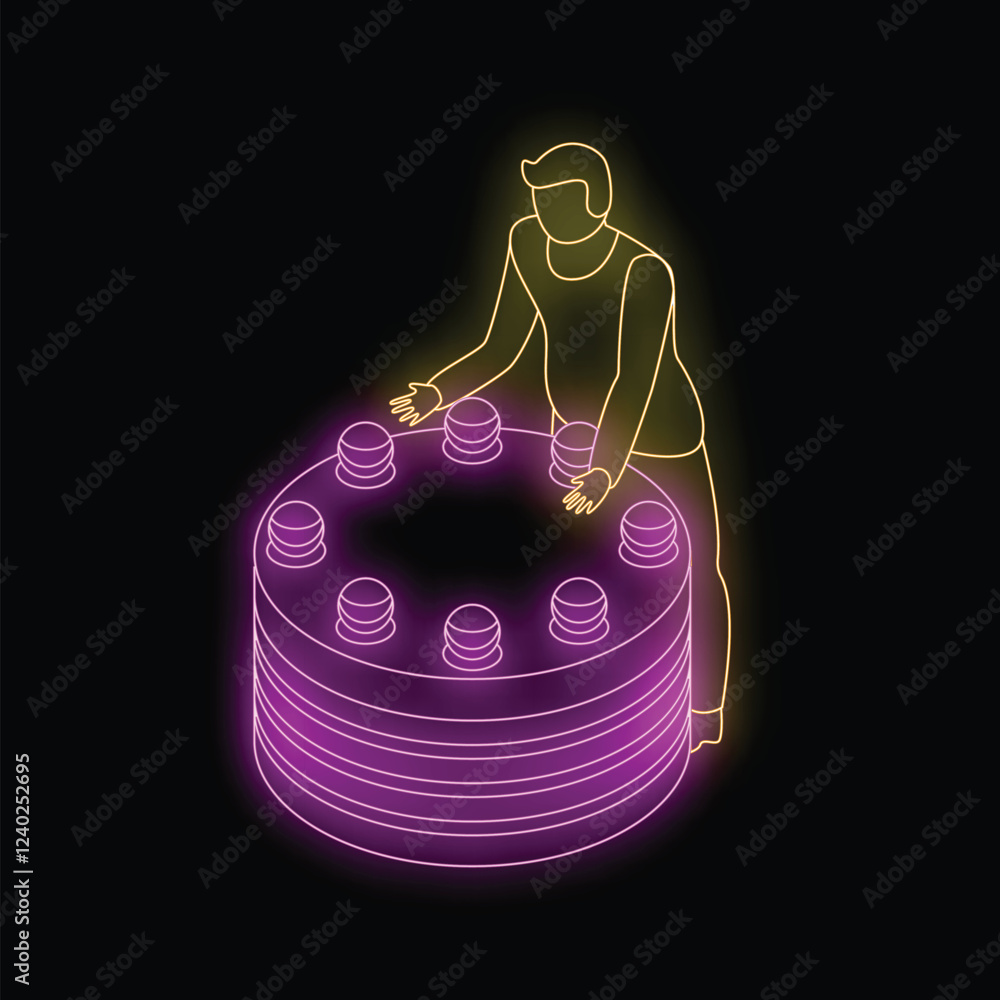 Poster isometric man playing arcade game with buttons on dark background in neon style