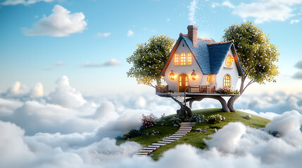 Whimsical adventure in a magical treehouse with glowing lanterns nestled among the clouds fantasy landscape dreamy environment