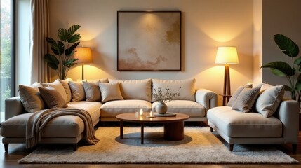Fototapeta premium Relaxing Evening in a Modern Living Room with Soft Lighting and Comfortable Sectional Sofa