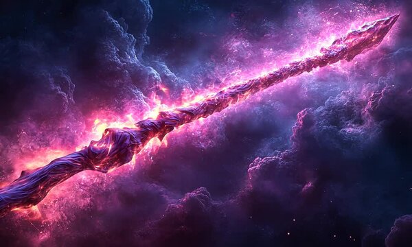 A mystical energy spear piercing through a vibrant cosmic cloudscape with glowing colors