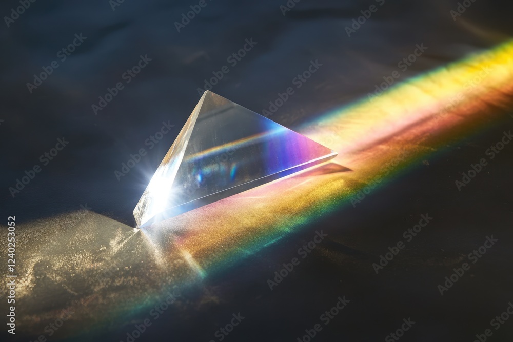 Aufkleber a triangular prism refracts light, creating a vibrant rainbow spectrum on a dark surface.