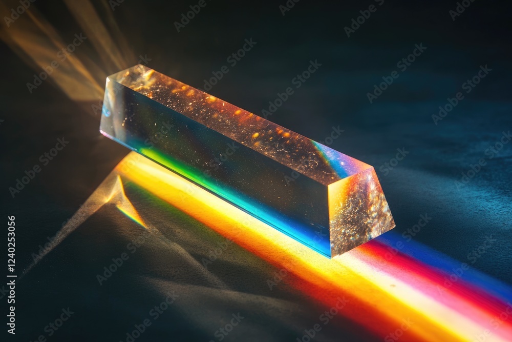 Poster a prism refracts light, creating a vibrant spectrum of colors on a dark surface.