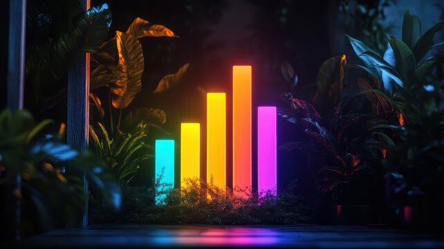 Illuminated bar chart depicting the significant reduction in carbon footprint over time.