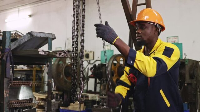 African American factory worker wearing hard hat and gloves pulls chain on steel beam for safety, while lifting and moving heavy machinery placed on floor in automotive parts lathe workshop.