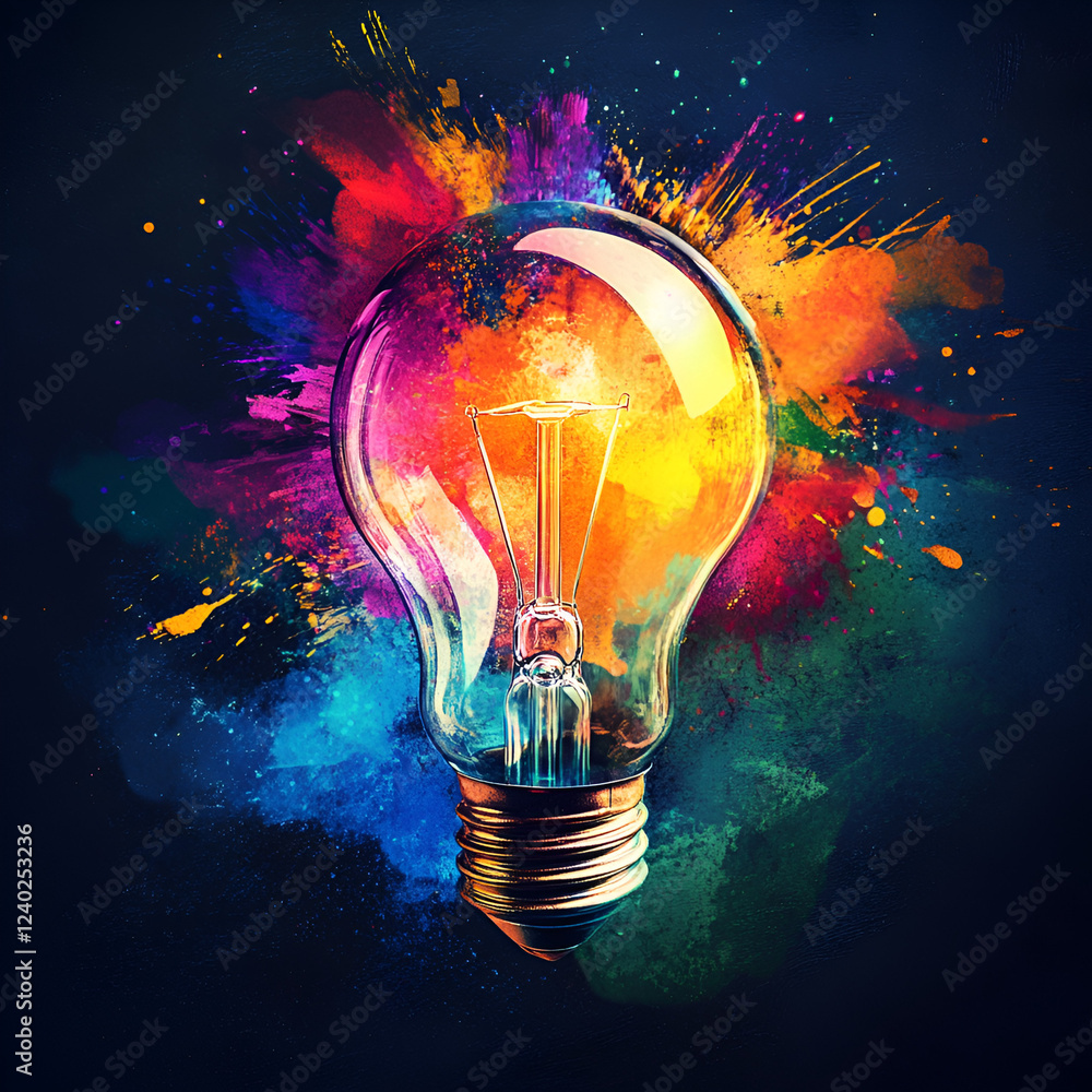 Poster idea explosion: a luminous light bulb against a backdrop of colorful paint splashes, symbolizing the