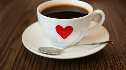 Fototapeta premium White Porcelain Teacup with Red Heart and Rich Dark Coffee on a Saucer with Tiny Spoon Creating a Cozy and Elegant Composition