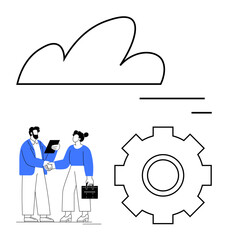 Professionals shaking hands with documents, gear icon, abstract cloud connecting multiple elements. Ideal for teamwork, cloud computing, business strategy, tech innovation, partnerships, system
