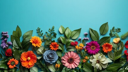 Vibrant Display of Colorful Flowers on a Bright Blue Background Showcasing Nature's Beauty and Diversity in a Playful and Cheerful Arrangement Evoking Joy and Freshness in Springtime