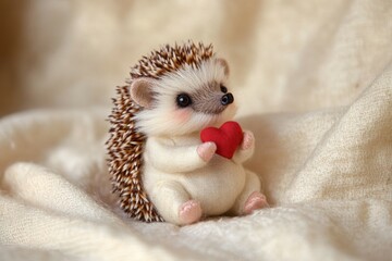 A miniature hand-sewn stuffed hedgehog holding a tiny heart, seated on a soft cream-colored fabric.
