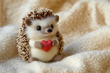 A miniature hand-sewn stuffed hedgehog holding a tiny heart, seated on a soft cream-colored fabric.