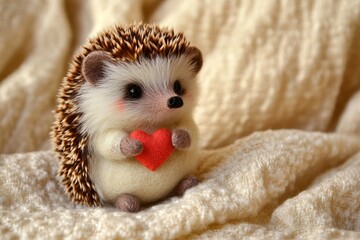 A miniature hand-sewn stuffed hedgehog holding a tiny heart, seated on a soft cream-colored fabric.