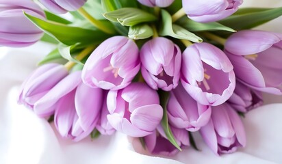 A pastel bouquet of lavender and lilac tulips with a soft watercolor effect, blending delicate purple hues with creamy white fabric.