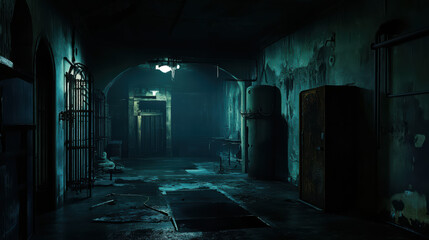 Obraz premium Creepy warehouse interior with dark corners, rusted equipment, and eerie lighting creates haunting atmosphere. abandoned space evokes feelings of mystery and unease