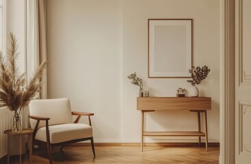 Cozy armchair, console, sunlight, interior design mockup