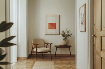 Mid-century chair in hallway, calm interior, wood floors, art