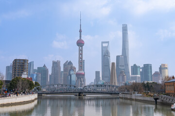 Naklejka premium The Bund Waibaidu Bridge and Pudong Lujiazui