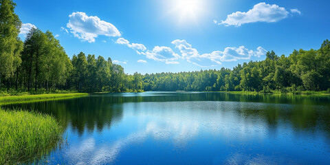 Fototapeta premium Colorful summer view of lake, Mountain Background