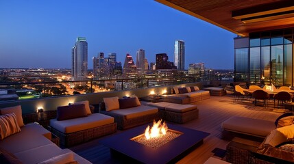 Obraz premium Upscale rooftop lounge in a luxury apartment, offering sleek seating, modern lighting, and an expansive view of the city lights.