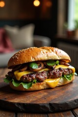 Delicious Gourmet Burger with Melted Cheese and Sauteed Mushrooms on a Rustic Wooden Board