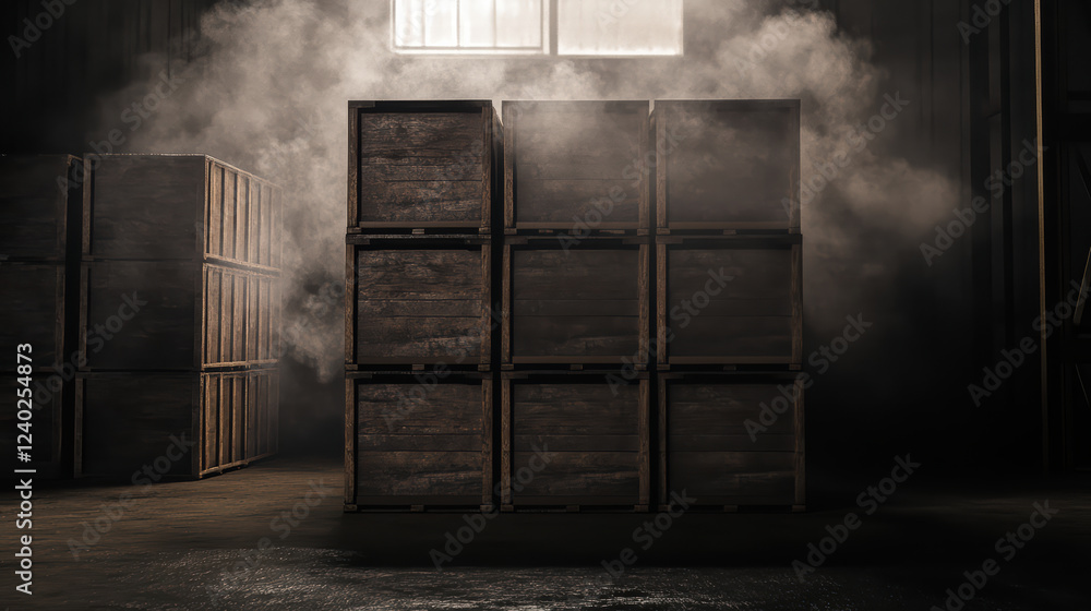 Poster old wooden crates stacked in dark, eerie warehouse with dust motes in air, creating mysterious atmos