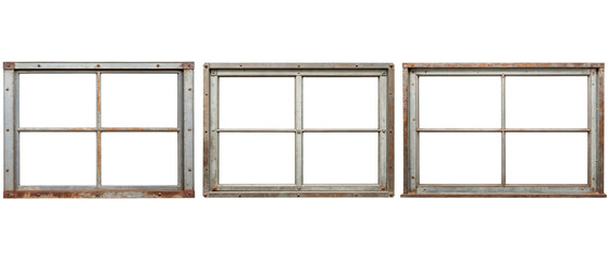 Three rustic window frames isolated with transparent background