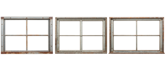 Three rustic window frames isolated with transparent background