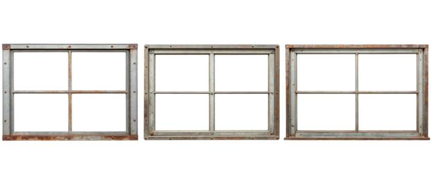 Three rustic window frames isolated with transparent background