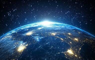 Fototapeta premium Earth sunrise, space, city lights, global network, backdrop