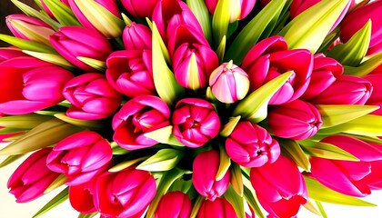 Obraz premium Vibrant fuchsia and hot pink tulips with bold hues, exuding energy and passion, contrasted against lush green stems in a striking floral display.