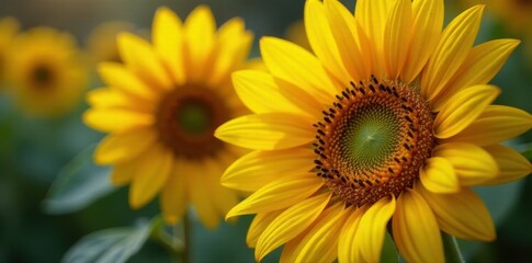 Obraz premium Vibrant Yellow Sunflowers in a Field, Basking in Golden Sunlight, Displaying Their Magnificent Petals and Central Discs, a Symbol of Summer's Warmth and Joy