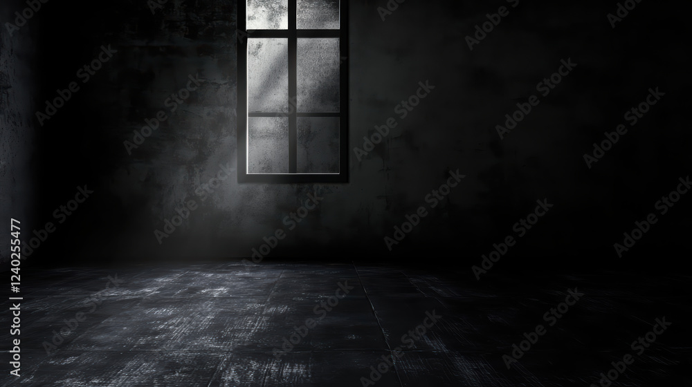 Poster dark, grunge warehouse with empty spaces and flickering shadows creates mysterious atmosphere. light