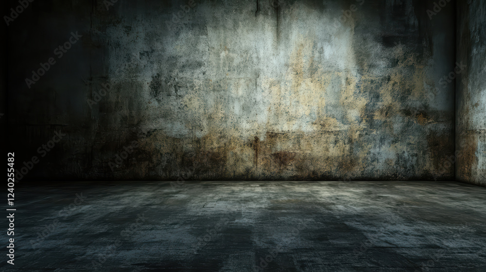 Poster dark, grunge warehouse with empty spaces and flickering shadows creates eerie atmosphere. textured w